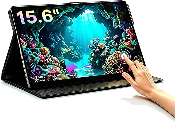 KOOFORWAY 15.6" FHD Portable Monitor Touchscreen for Laptop | 10-Point Touch FHD IPS screen with dual speakers, protective case & stand. For Laptop PC Phone Gaming