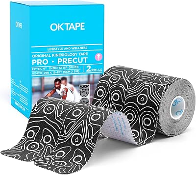 OK TAPE PRO Original Kinesiology Tape Pre-Cut Strips, Latex Free Elastic Athletic Tape Roll, 2in16ft 2Rolls,BlackWhite