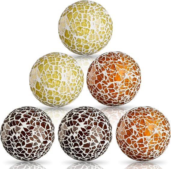 6PCS Decorative Balls Set 2.4 Inches/ 6cm Small Mosaic Spheres Glass Orbs Decorative Balls for Centerpiece Bowls Vases Fillers Dining Coffee Table Wedding Party Decor (Beige Caramel Dark Brown)