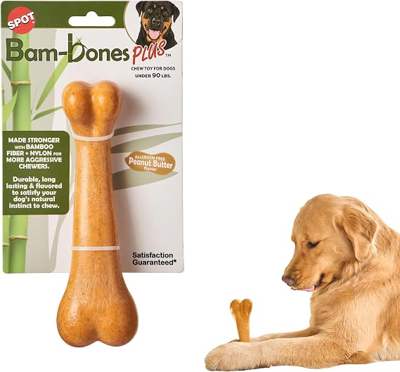 SPOT Bam-Bones Plus Dino Bone - Bamboo Fiber & Nylon, Durable Long Lasting Dog Chew for Aggressive Chewers Great Toy for Dogs Under 90lbs, Non-Splintering, 7.25in Peanut Butter Flavor Allergen Free