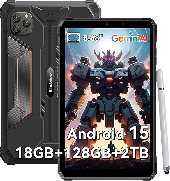 Blackview 9 inch Rugged Tablet, Android 15 Waterproof Gemini AI Tablet | IP68/IP69K,18GB+128GB TF 2TB, 180Hz, MIL-STD-810H Shockproof, 16MP+13MP, 18W/OTG/5G WiFi/GPS/NFC/TUV/Face ID/Glove Mode