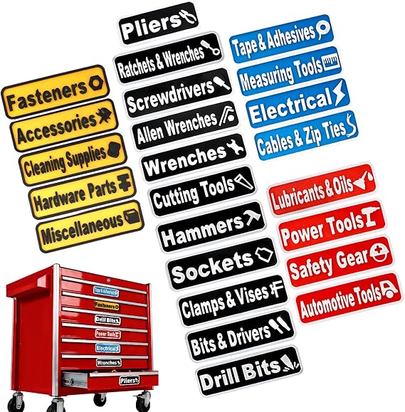 24 Pack Magnetic Tool Box Labels, 3D Printed Color-Coded System (Black/Red/Blue/Yellow), Strong Magnet Backing Organizer, Fits Craftsman Snap-On Husky & US General Chests