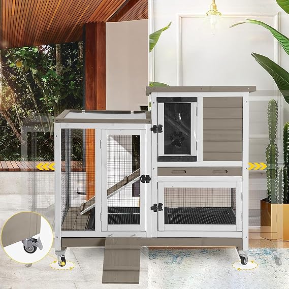 Aivituvin Large Rabbit Hutch with Removable Wire Netting, 2 Deep Trays, 4 Wheels, Sliding Door, and Extra Access Door - Mocca Color