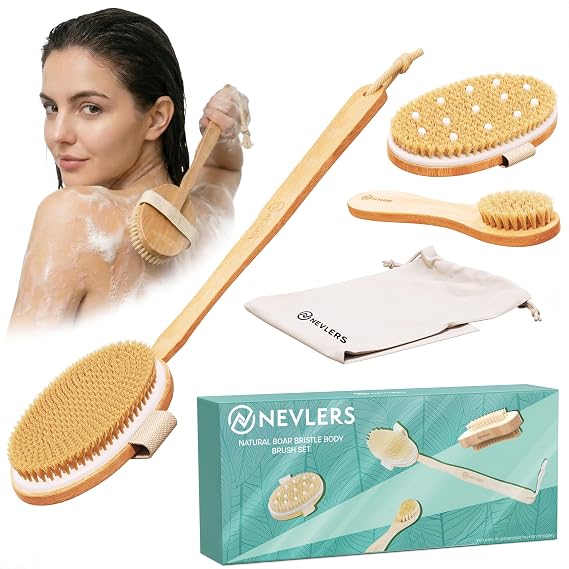 Nevlers 4-Pack Natural Boar Bristle Wood Dry Brush for Lymphatic Drainage