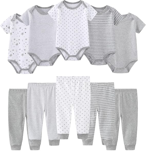 Ruliby Baby Bodysuit and Pant Set 10-pcs Cotton Soft Newborn Clothes Outfit