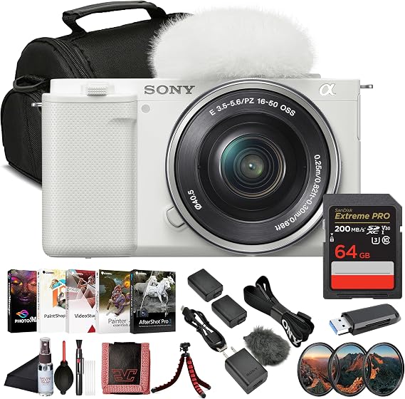 Sony ZV-E10 Vlogging Mirrorless Camera (White) with E PZ 1650mm Lens (ILCZV-E10L/W) | 24.2 MP APS-C Sensor | 4K Video with 64GB Memory Card, Filter Kit, External Charger, NPF-W50 Battery and More