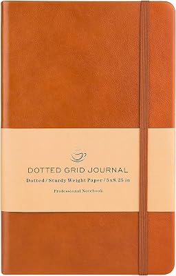 Poluma Dotted Grid NotebookJournal - Dot Grid Hard Cover Notebook, Premium Thick Paper with Fine Inner Pocket, Brown Smooth Faux Leather, 5×8.25'