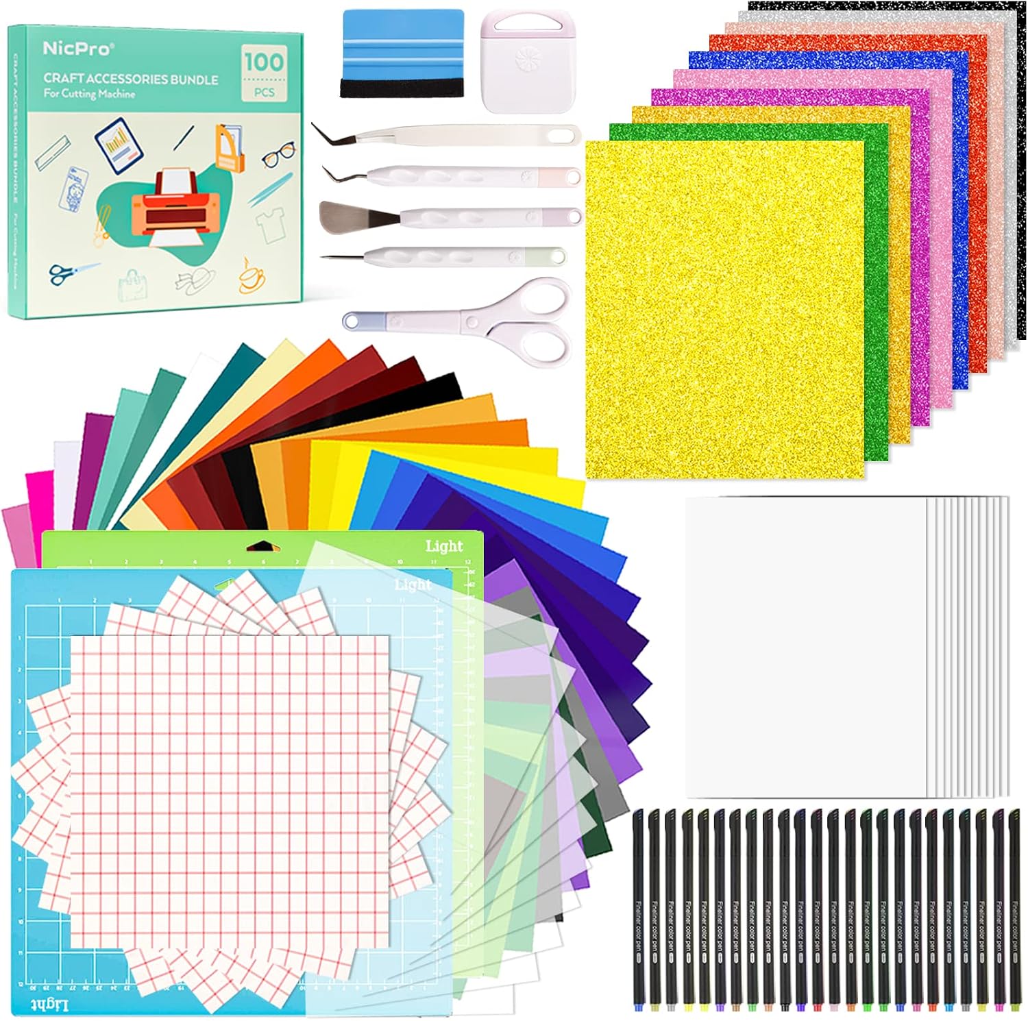 Nicpro 100PCS Accessories Bundle for Cricut Maker and All Explore Air, Ultimate Tools and Accessories Kit for Beginner with Adhesive Vinyl Sheet, Weeding Tool, Cricut Starter Kit for Crafting Project