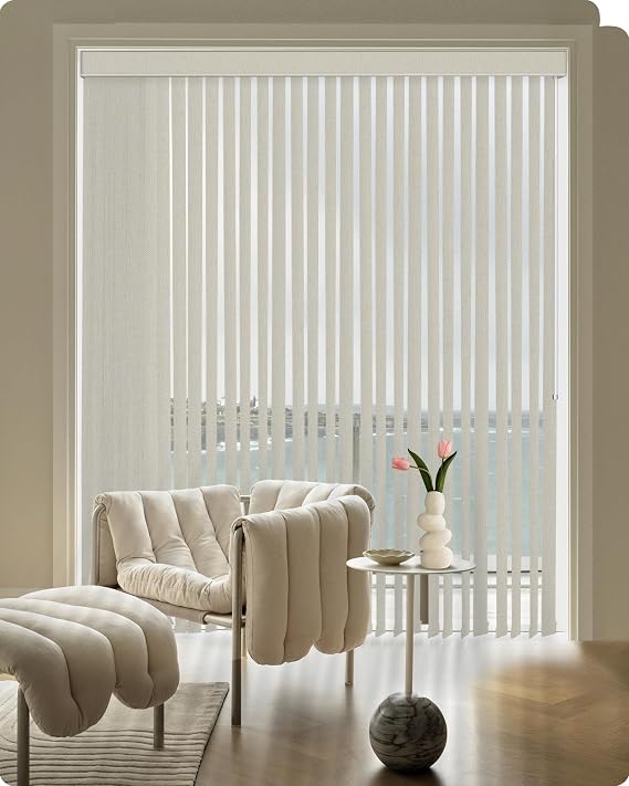 Graywind Fabric Vertical Blinds Custom Size Blackout Vertical Blind Free Wand Control Reversible Privacy Track Slats Set for Patio Sliding Glass Door Window (Beige White)