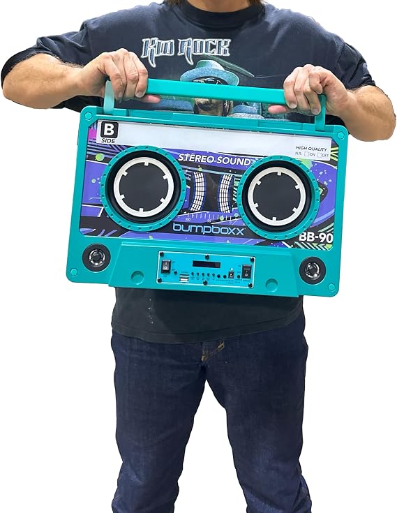 Bumpboxx Remixx Retro Bluetooth Boombox | Portable Cassette-Style Speaker with High-Fidelity Sound & Wireless Mic | Neon Blue