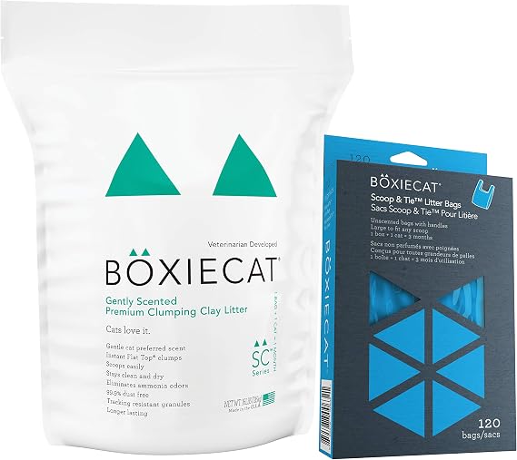 Boxie Cat Litter 16 Lb Clumping Clay + Cleanup Bundle - Boxiecat Premium Clumping Clay Cat Litter - Gently Scented Formula | Boxiecat Scoop & Tie Cat Litter Waste Bags