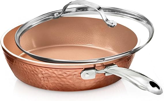 Gotham Steel Hammered Copper Collection – 10 Inch Nonstick Fry Pan with Lid, Premium Cookware, Aluminum Composition with Induction Plate for Even Heating, Dishwasher and Oven Safe