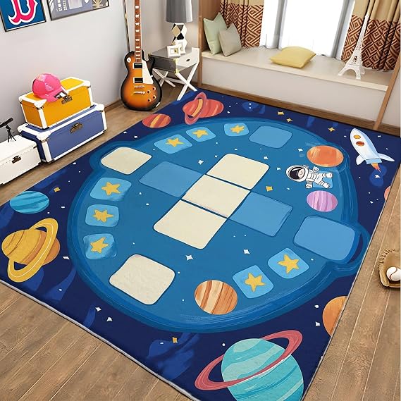 Washable Modern Area Rug - Space Themed Educational Games 4ft x 6ft Rugs for Living Room, Bedroom, Machine Washable Rug Ultra Soft Non Slip Non Shedding Stain Resistant Carpet - Stars and Astronauts