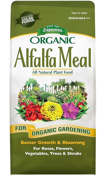 Espoma Organic Alfalfa Meal Fertilizer 2-0-2. All-Natural Plant Food Source of Nitrogen and Potassium for Organic Gardening. Use for Roses, Flowers, Veggies, Trees & Shrubs. 3 lb. Bag.