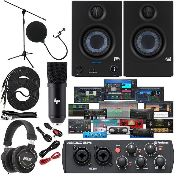 Presonus AudioBox 96 Audio Interface (May Vary Blue or Black) Full Studio Bundle with Studio One Artist Software Pack w/Eris 3.5 Pair Studio Monitors and 1/4 TRS to TRS Instrument Cable