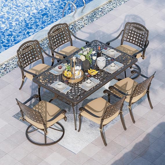 Grepatio 7 Piece Patio Dining Set Outdoor Dining Set Cast Aluminum Furniture Set with 4 Patio Chairs&2 Swivel Chairs and Dining Table for Backyard Garden Deck Poolside (Grid Khaki)