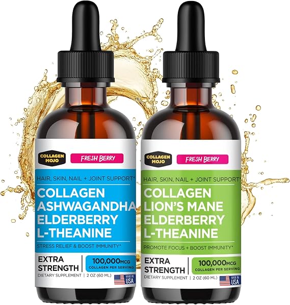 Liquid Collagen Peptides for Women & Men with Lion's Mane Mushroom, Elderberry & L-Theanine and Ashwagandha, Elderberry & L-Theanine - for Hair, Skin, Nails, Join Support - 2 Bottles