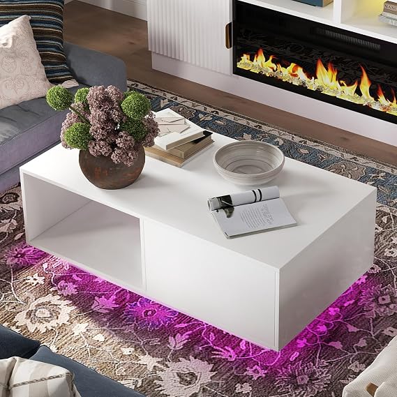 LED White Coffee Table for Living Room with Drawer & 16 Colors Lights