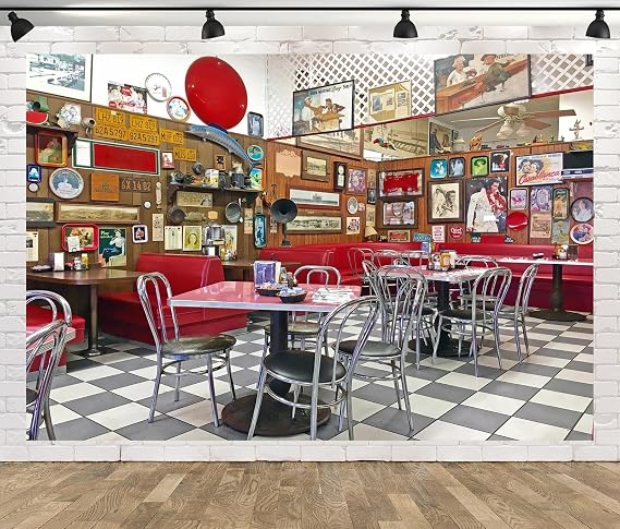BELECO 10x8ft Fabric Retro Restaurant Backdrop Classic 50s Soda Shop Meal Time Local Diner with Wall of American Memorabilia Dinner Time Background for Party Decorations Studio Photo Booth Props