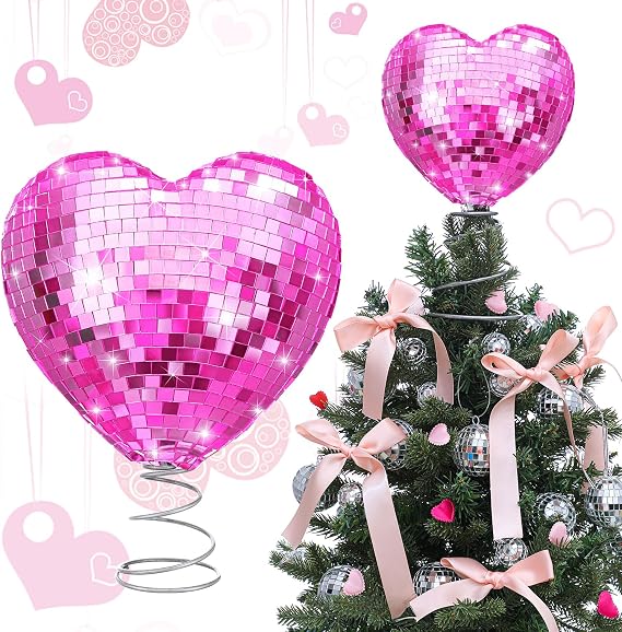 Gejoy Valentine's Day Tree Topper Disco Heart Sequin Ball Treetop Decoration Glitter Heart Ornament Flash Love Topper Decor 9.06'' x 6.69'' for Valentine's Day Party Supplies Gift(Pink)