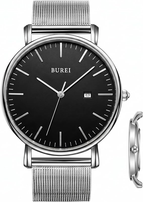 Burei Men’s Watches Ultra Thin Black Minimalist Quartz with Date Display black gold