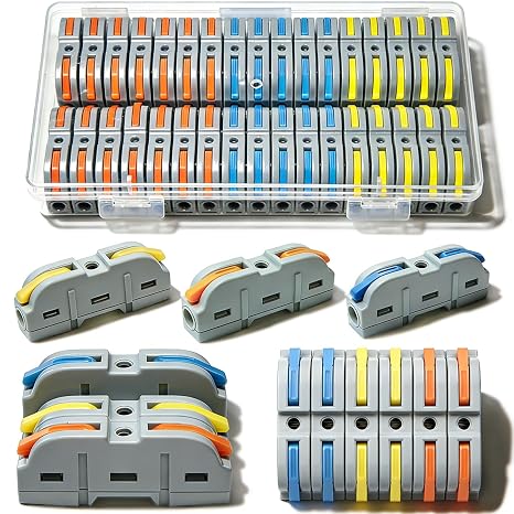34pcs Lever Wire Connectors, 1 in 1 out Inline Electrical Wire Splicing Connector, Compact Wire Connectors for Circuit Inline Splices, AWG 28-12, multicolour