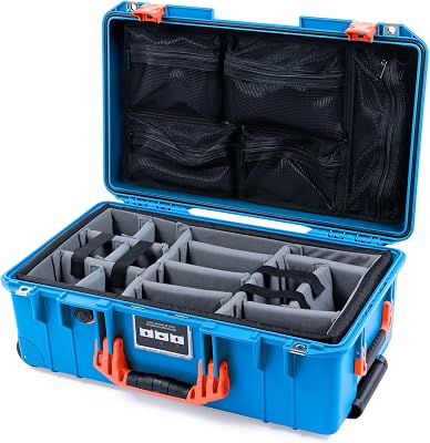 Pelican Air 1535 Carry-on Case by ColorCase - Electric Blue - Medium Size Waterproof Case with Gray Padded Microfiber Dividers & Mesh Lid Organizer - Orange Handles & Latches