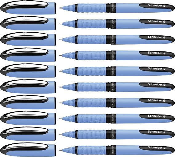 Schneider One Hybrid N Rollerball Pen, 0.3 mm Hybrid Needle Tip, Light Blue Barrel, Black Ink, Box of 10 Pens (183401)