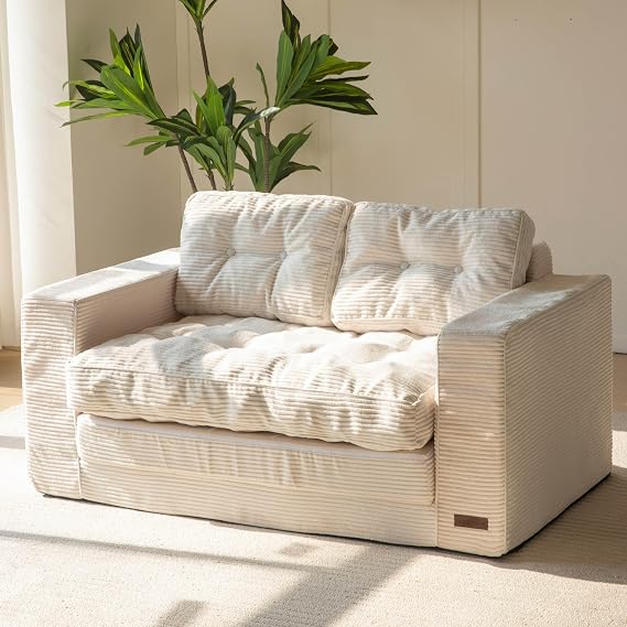 MAXYOYO Sofa Bed, Loveseat Sofa Convertable with 2 Pillows, 2 in 1 Comfy Corduroy Sofa 2 Seater, Floor Lounger Pull Out Sleeping Area 113x190CM, 15cm Thincken Foam