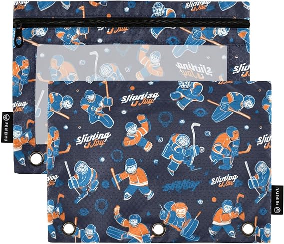 Binder Pouches, Slapshot Hockey Pencil Pouch for 3 Ring Binder 2 Pack Clear Pencil Bag with Zipper for Office School Supplies