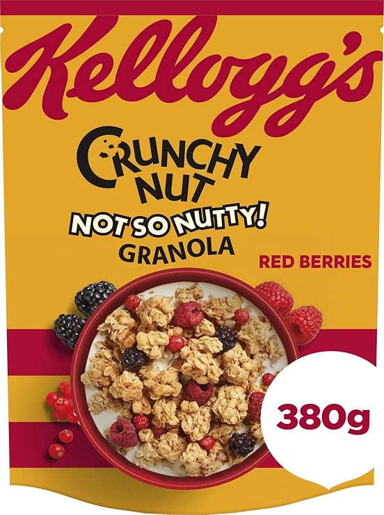 Kellogg's Crunchy Nut Red Berries Breakfast Granola 380g | Crunchy oat granola clusters made with wholegrain oats, enjoy with milk or yoghurt at breakfast or as a tasty topping