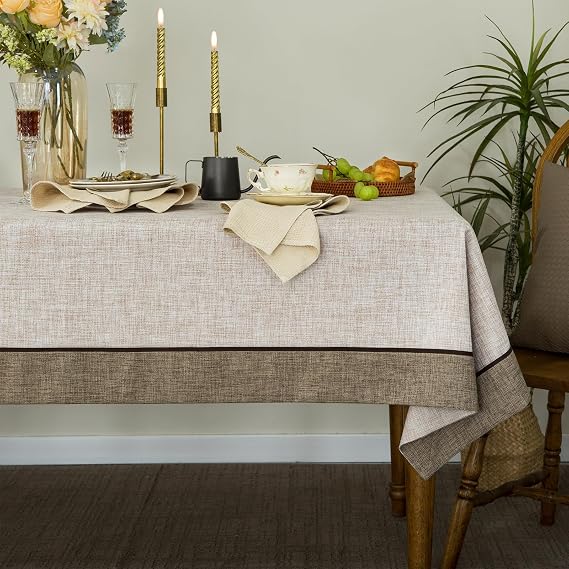 GLORY SEASON Solid Bordered Retro Tablecloths Classic Textured Table Clothes Linen Style Rustic Washable Tablecloth Rectangle/Oblong Table Cloth Cover,Kitchen Dinning Tabletop Decor,Linen 55x84 Inch