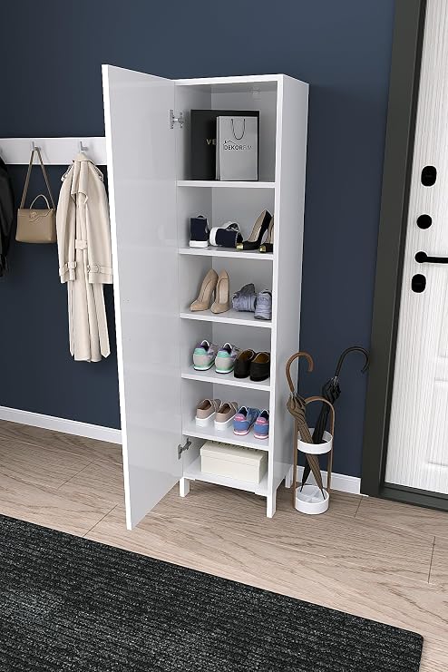 DF08105 Beyaz Çok Raflı Kapaklı Ayakkabılık Modern Ayakkabı Dolabı Portmanto Yanı Düzenleyici Dolap BEYAZ
