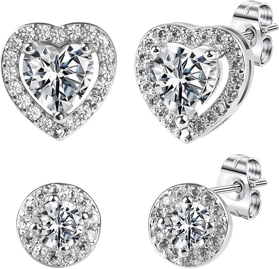 Silver Earrings Hypoallergenic Stud, 2 Pairs, Heart Round