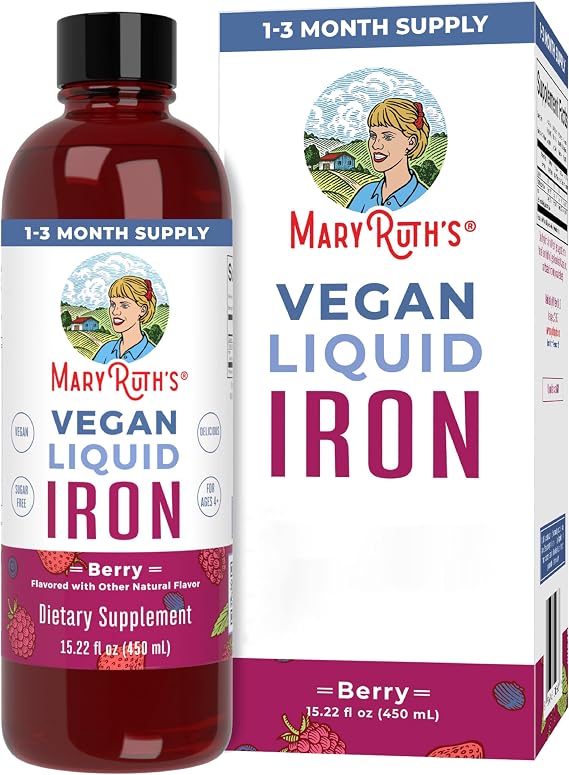 MaryRuth Organics, Liquid Iron, Vegan Liquid Iron, 450ml, Vegetarian, Gluten-Free, Soy-Free, Non-GMO | Red Blood Cell Formation, Oxygen Support, Energy Metabolism, Ages 4 & Up, Sugar Free