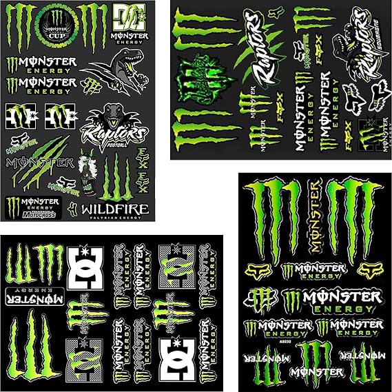 4Pack Monster Energy Stickers for Helmet, Car, Motocross, Motorbike - Funny Cartoon Decals for Skateboard, Laptop, Bicycle