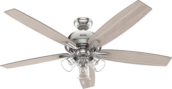 Hunter Dondra, Indoor, Ceiling Fan, Standard Mount, 60 inch, Brushed Nickel | with LED Lights, Pull Chain, 5 Blades, For Bedroom, Living Room, Includes Bulbs, 52348