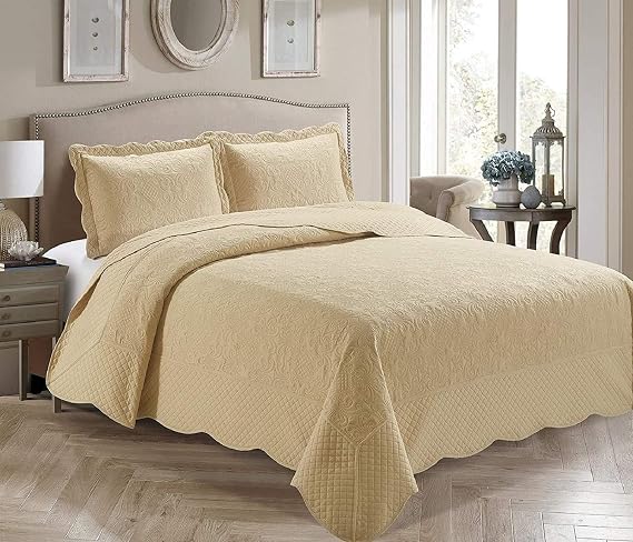 Home Linen 3 Piece Over Size Embossed Solid Coverlet Bedspread New # Veronica (Beige, King/California King)