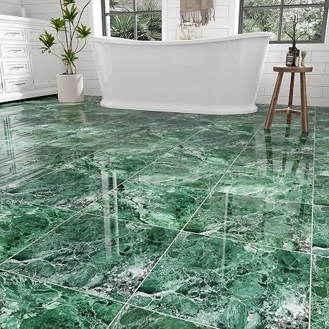 30-Pack 30 Sq.Ft Peel and Stick Floor Tiles Vinyl Polish Pattern Flooring, 12 x 12 Self Adhesive Vinyl Flooring DIY for Kitchen, Bathroom, Laundry, Polish Green Marble