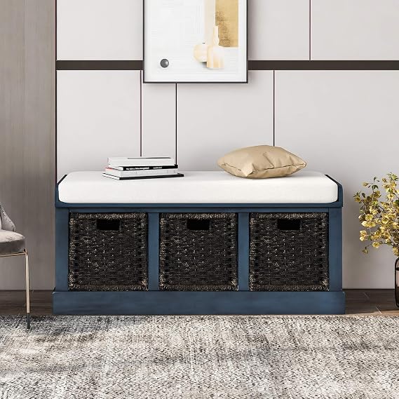 Acacia Wood Frame Rustic Storage Bench with 3 Removable Classic Rattan Basket, Entryway Bench Storage Bench with Removable Cushion for Any entryway or Living Room (Antique Navy)