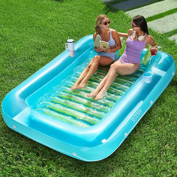 Sloosh Inflatable Tanning Pool Lounge Float, 70" x 46" and 85" x 57" Sun Tan Tub Adult Pool Floats Raft for Pool Sunbathing Suntan Inflatable Pool Lounger Tanning Bed Floatie for Adults