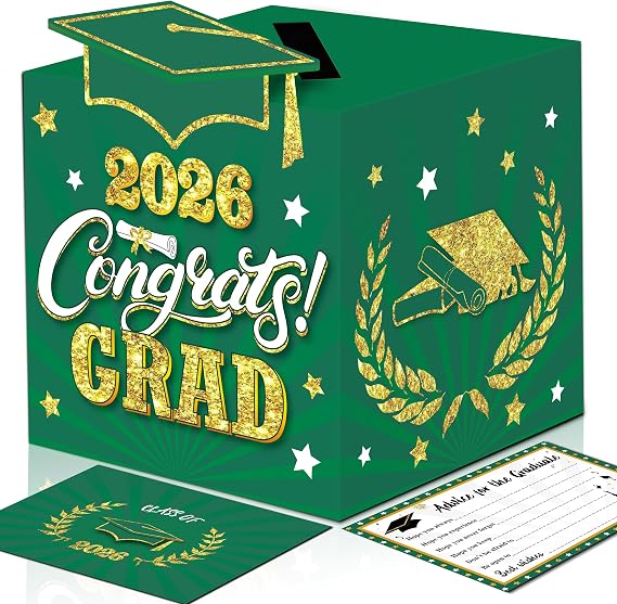 Graduation Wish Cards with Green and Gold Card Holder Box - 36PCS Class Of 2026 Graduation Advice Cards and 2026 Congrats Grad Card Box for Party Supplies Decoration