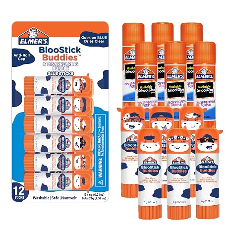 Elmer's Glue Sticks Combo Pack, BlooStick Buddies & Disappearing Purple, 6 Grams, 12 Count - Kids School Supplies, Arts & Crafts, #1 Teacher Brand