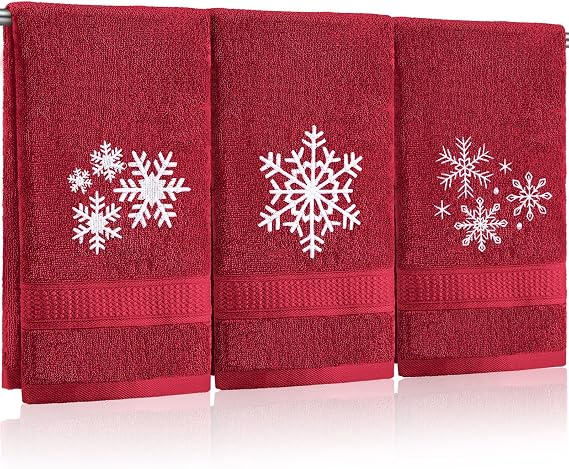 3 Pcs Christmas Snowflakes Hand Towels Winter Embroidered Xmas Red Decorative Bathroom Towels Absorbent Soft Winter Kitchen Decor Set, 100% Cotton, 13.3 x 29.5''
