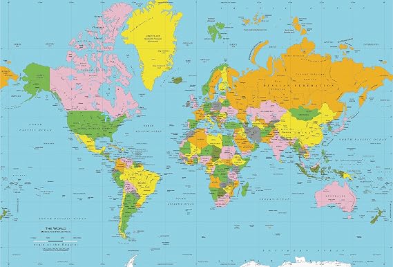 Academia Maps - World Map Wall Mural - Classic Blue Ocean Map Pre-Pasted Wallpaper