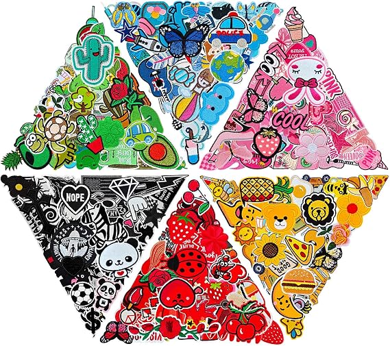 60PCS Random Assorted Styles Embroidered Patches, Bright Colors, Sew/Iron on Applique Patches for Dresses, Backpacks, Hats, Jeans