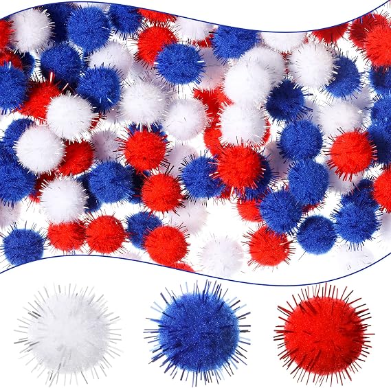 300 Pieces Red White and Blue Glitter Fuzzy Pom Poms Balls with Tinsel for 4th of July Patriotic Independence Day 250th Anniversary Decorations Arts Craft Kids DIY Accessories, 0.59 Inch/ 15 mm