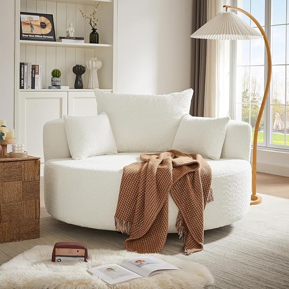 Ball & Cast 360Swivel Round Sofa with 3 Removable Throw Pillows,Chenille Fabric Barrel Chair with Circular Design,for Living Room,Bedroom,Office,Hotel,Beige