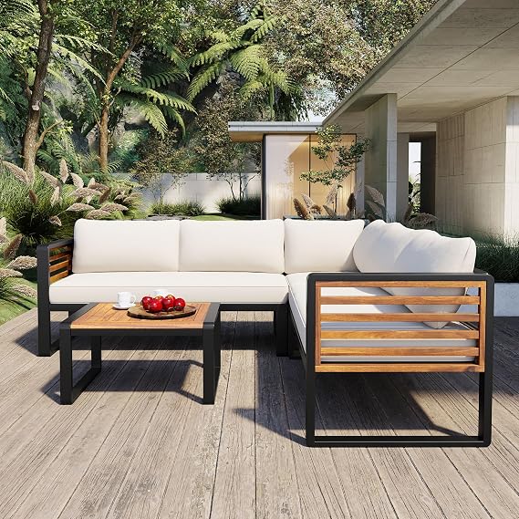 Patio Furniture Set,4-Piece Courtyard Dialogue Set,Metal and Wood Frame Sectional L-Shaped Sofa,Suitable for Porches, Balconies,and Courtyards (Beige)