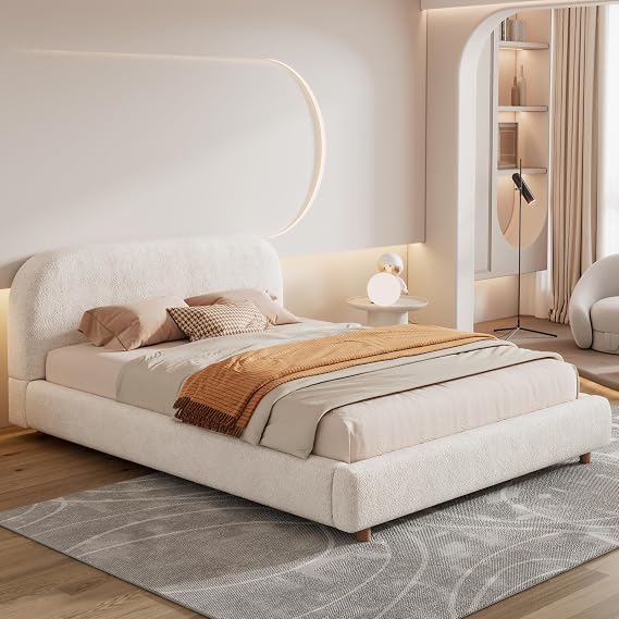 Upholstered Queen Bed Frames White, Boucle Platform Bed with Curved Shaped Headboard Modern Wood Floor Bed Kids Adults with Slat Support Furniture for Bedroom Guest Room, No Box Spring Needed, White